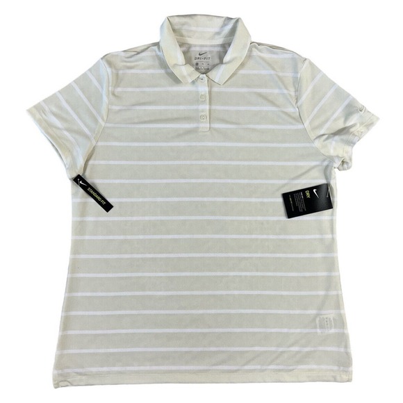 Nike Dri-Fit Dry Standard Fit Women Tan Striped‎ Short Sleeve Polo Shirt Size XL - Picture 1 of 7